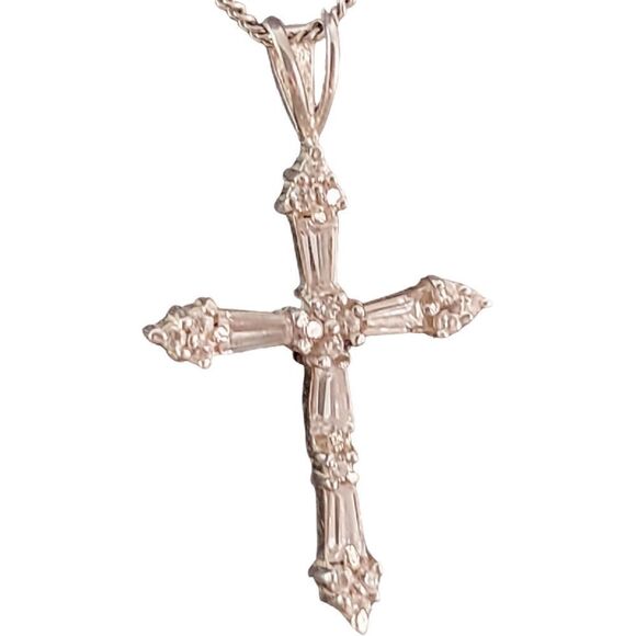 Sterling Silver Clear CZ Baguette Cross Pendant 18" Necklace - Picture 1 of 7